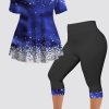 Plus Size Casual Navy Blue Ombre Denim Print Two Piece Pant Set