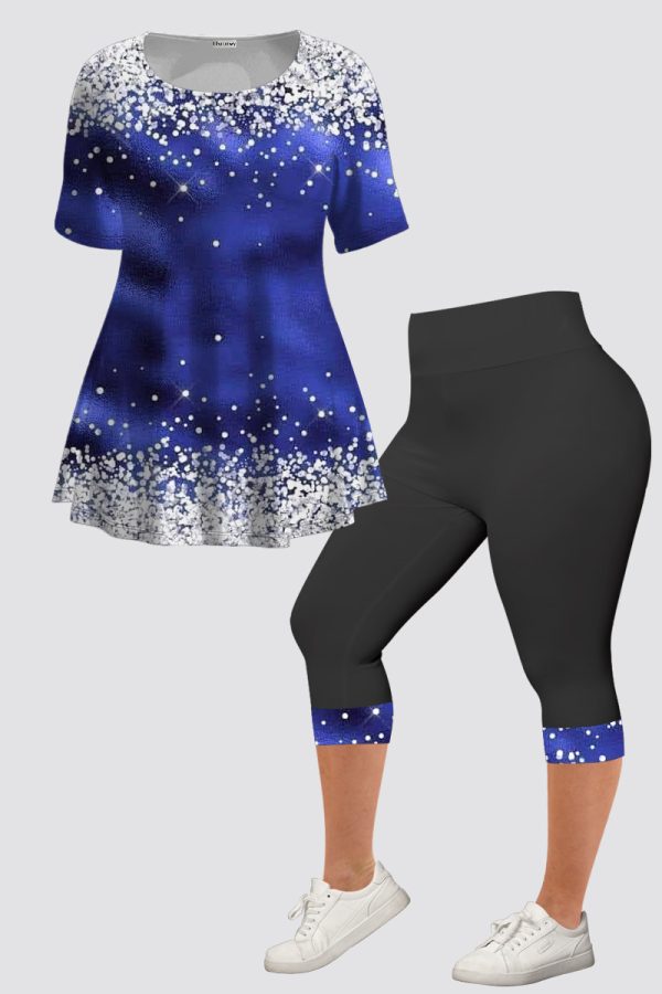 Plus Size Casual Navy Blue Ombre Denim Print Two Piece Pant Set