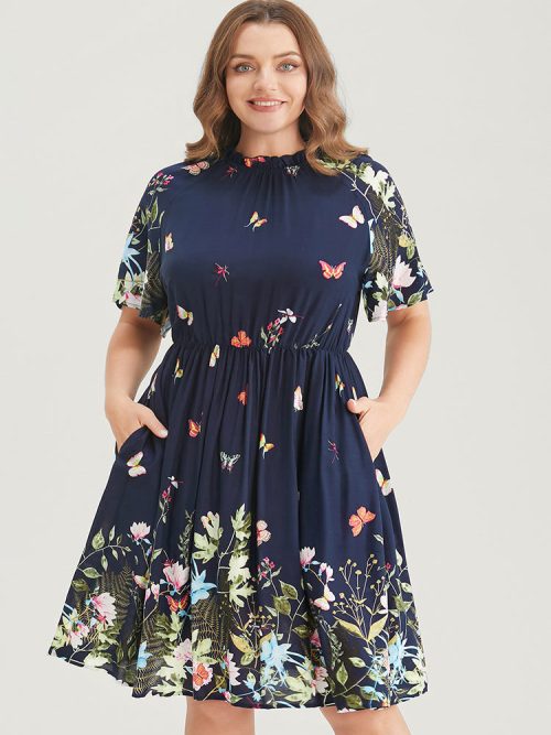 870969155-nn-efa29050-1408-42bf-a187-599142ca9415-1 Floral & Butterfly Print Pocket Shirred Mock Neck Ruffles Dress