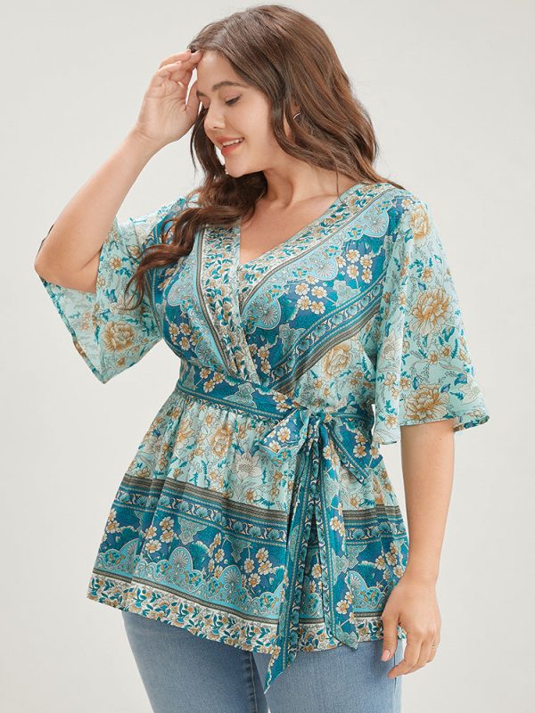 Floral Print Ruffles Belted Wrap Blouse