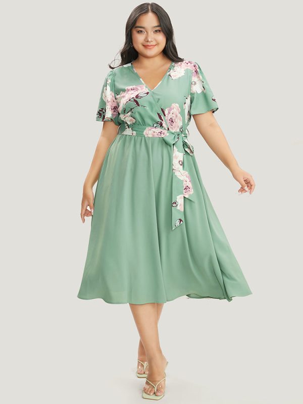 Floral Printed Pocket Ruffles Surplice Neck Belted Midi Dress