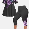 Women's Plus Size Casual Purple Ombre Plant Floral Print Two Piece Pant Set
