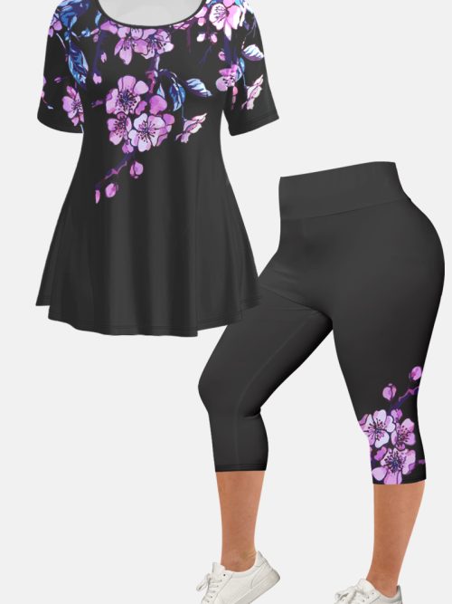 8b036d3e90d9b5b7c01b22b7b4287eea-1 Women's Plus Size Casual Purple Ombre Plant Floral Print Two Piece Pant Set