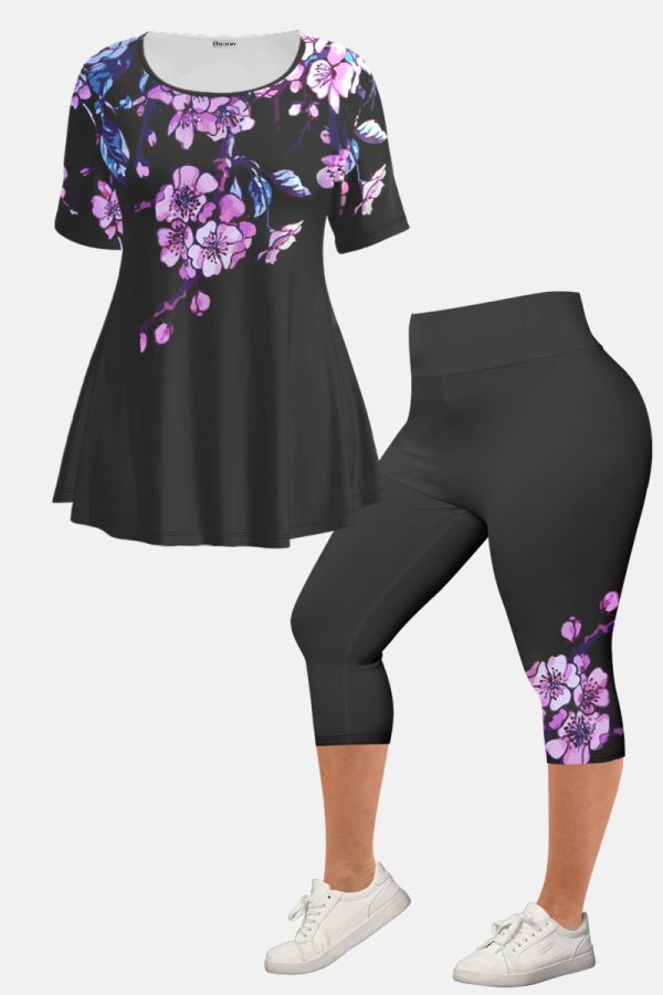 Women's Plus Size Casual Purple Ombre Plant Floral Print Two Piece Pant Set