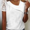 Plain Lace Short Sleeve Asymmetrical Collar Casual Shirt