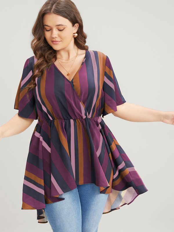 Striped Contrast Wrap Ruffles High Low Hem Blouse