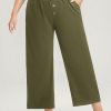 Plain Pocket Mid Rise Button Detail Elastic Waist Pants
