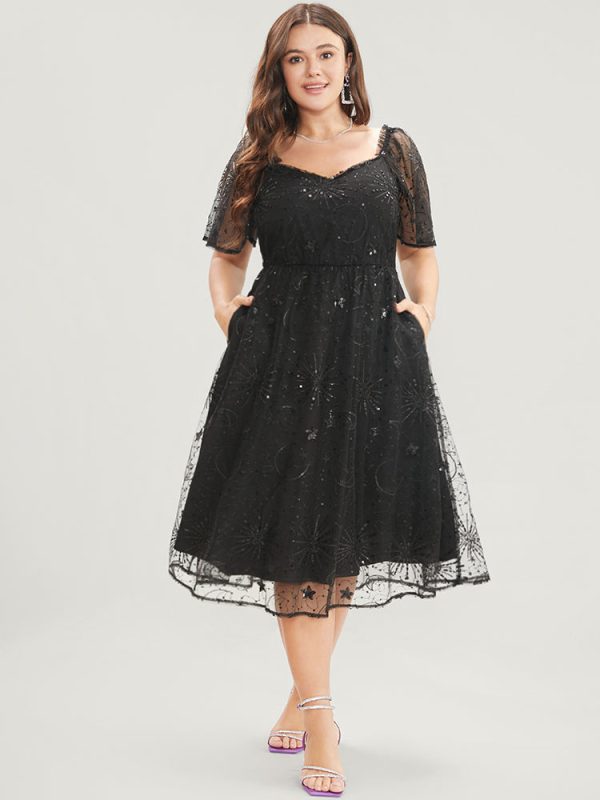 Moon And Star Sequin Detail Pocket Mesh Midi Dress