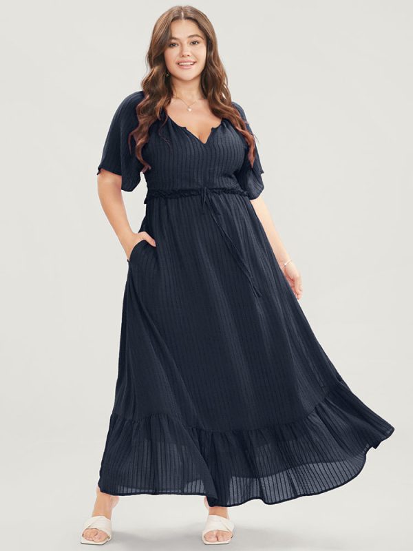 Solid Striped Notched Ties Up Pocket Flutter Maxi Dress