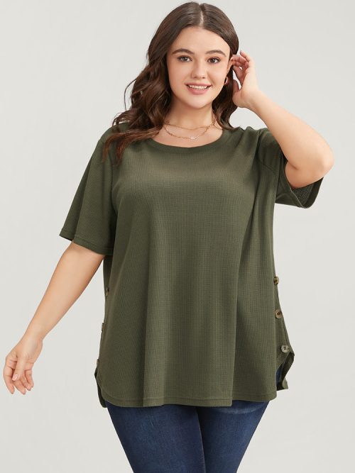 963609455-fu-322f9fe3-5d4d-4ae0-9df0-555ab09518f5-1 Plain Round Neck Button Detail Waffle Knit Tee