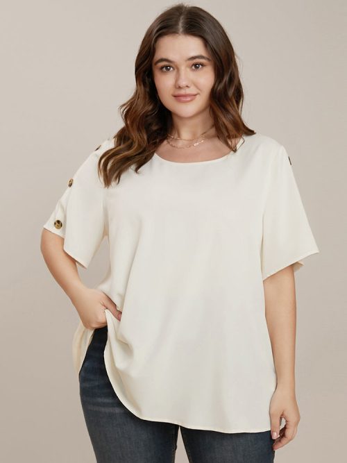 981106728-uw-fb510237-a64f-46e6-9486-88a2ef161537-1 Plain Round Neck Button Detail Blouse