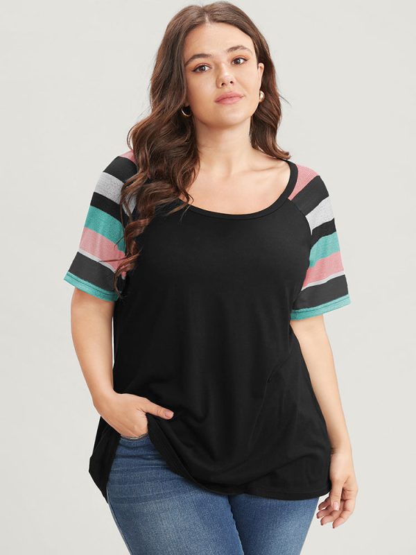 Striped Contrast Raglan Sleeve Round Neck T-shirt