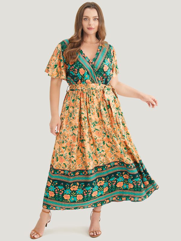 Bandana Surplice Neck Pocket Belted Flutter Hem Maxi Dress