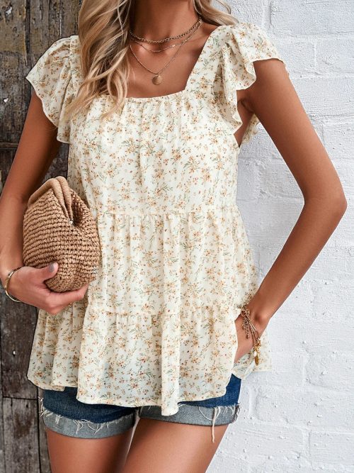 Women Ruffle Sleeve Square Neck Printed Casual Top/1-1-1-1