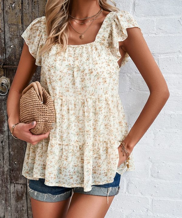 Apricot-01_c1b041d9-99cd-4b91-9600-1dc6a8bf1319.jpg Women Ruffle Sleeve Square Neck Printed Casual Top/1-1-1-1