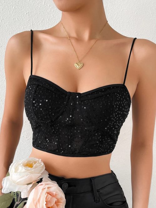 Black-01_d6a99b99-6177-4f99-ac9d-23ad49680875.jpg Women Mesh Mesh Sequined Sexy Crop Corset Top Spaghetti Strap Cami Bustier/2-2-1-1