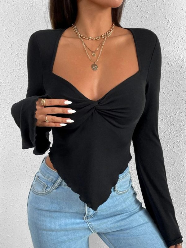 BlackFlareSleeveTShirtTop-01.jpg Women V Neck Irregular Hem Knit Flare Long Sleeve Sweatshirt T Shirt Tops/1-1-1-1