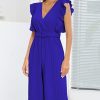 Women's Ruffle Cap Sleeveless V Neck Jumpsuit With Belt/1-1-1-1-1
