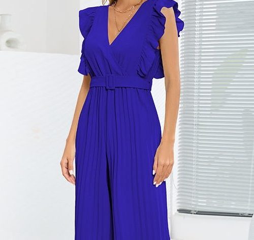 Women's Ruffle Cap Sleeveless V Neck Jumpsuit With Belt/1-1-1-1-1