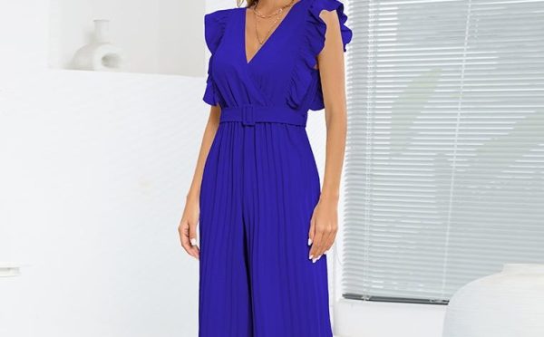 BlueRuffleCapSleeveJumpsuit-01.jpg Women's Ruffle Cap Sleeveless V Neck Jumpsuit With Belt/1-1-1-1-1