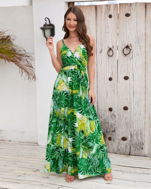 GreenGrassSpaghettiStrapMaxiDress.jpg Women Summer Printed Spaghetti Strap Sleeveless Maxi Dress/1-1-1-1-1