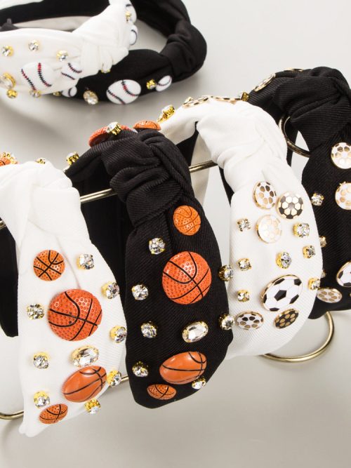 Sporty Basketball Football Baseball Patch Decor Headband Cross Top Knot Rhinestones Decor Hairband