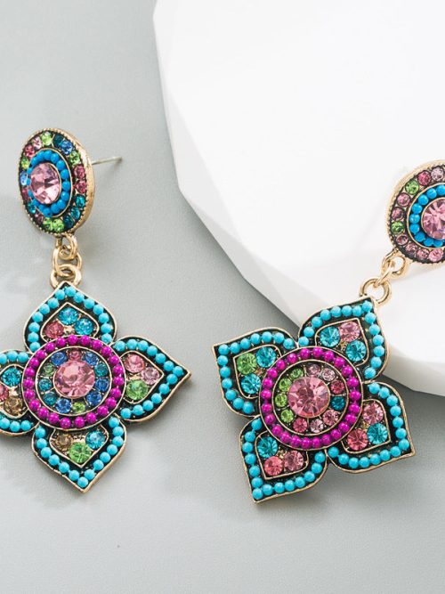 Vintage Boho Luxury Colorful Rhinestone Flower State Earring Jewelry
