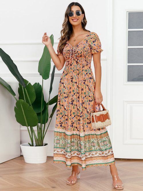 OrangeBohoDress-01.jpg Women Western Style Boho Dresses Printed Short Sleeve Summer Dresses/1-1-1-1-1