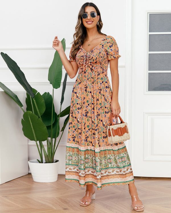 OrangeBohoDress-01.jpg Women Western Style Boho Dresses Printed Short Sleeve Summer Dresses/1-1-1-1-1