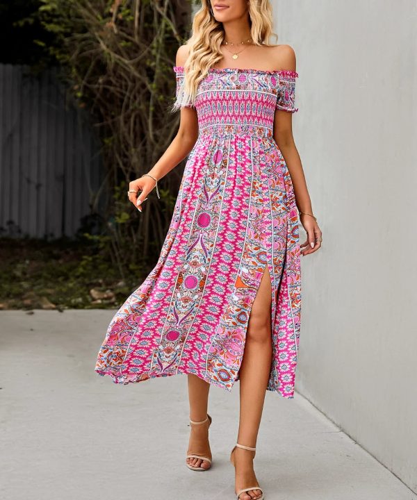 Pink-01_1d1a7f41-4486-4702-b241-5742d660bf05.jpg Women Summer Printed Off the Shoulder Short Sleeve Vintage Side Split Dresses/1-1-1-1
