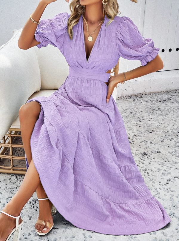 Women Back Tie Cut Out High Waist Puff Sleeve Maxi Dresses/1-1-1-1