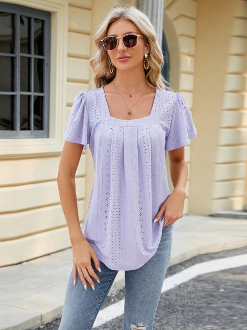 Purple-01_858492d8-2429-4d32-8b6b-473f6e74314e.jpg Women Eyelet Fabric Square Neck Short Sleeve Summer T-Shirt Tops / 1-1-1-1-1