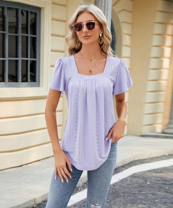 Purple-01_858492d8-2429-4d32-8b6b-473f6e74314e.jpg Women Eyelet Fabric Square Neck Short Sleeve Summer T-Shirt Tops / 1-1-1-1-1