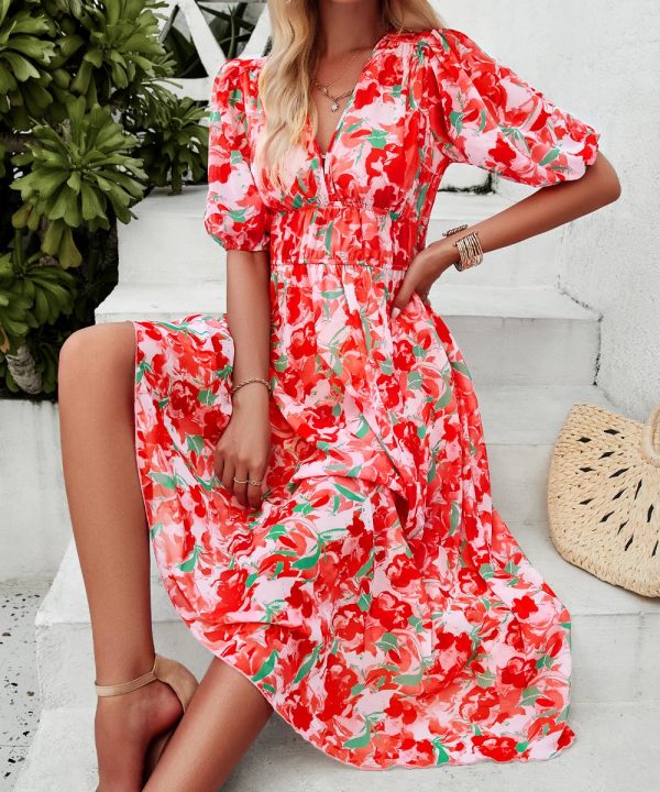 Women Summer Printed Short Sleeve V Neck Dress/1-1-1-1