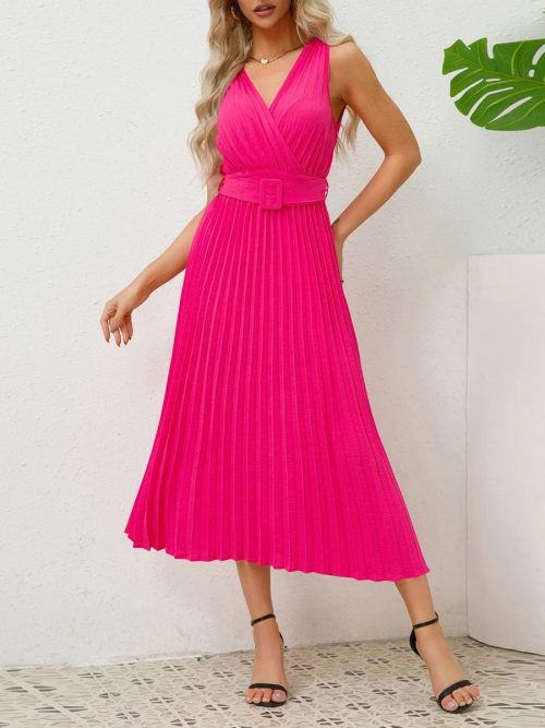 RoseRed-01_0b08c0fe-8ab5-4002-88ff-69d4d401ca58.jpg Women Summer Sleeveless V Neck Pleated Midi Dresses/1-1-1-1-1