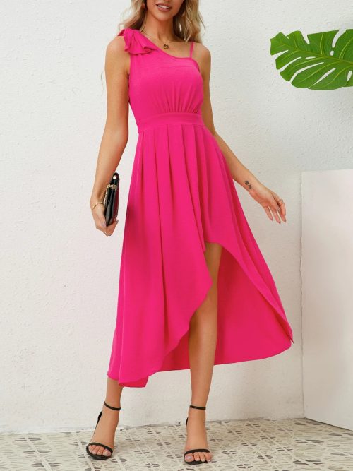 RoseRed-01_af434a5a-a1cb-4857-920f-fe27e008f0bf.jpg Women Summer Bow Tie Sleeveless Irregular Hem Solid Color Dresses/1-1-1-1-1