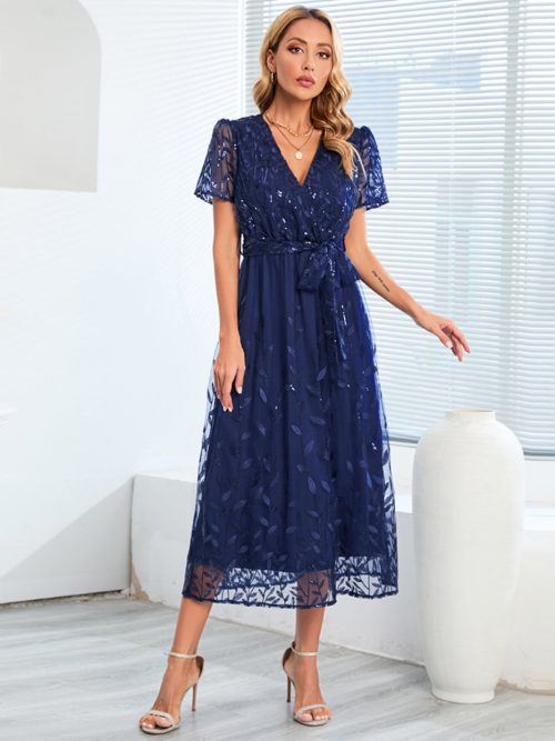 Women Summer Embroidered Bright V Neck Short Sleeve Midi Party Dresses With Belt/1-1-1-1-1