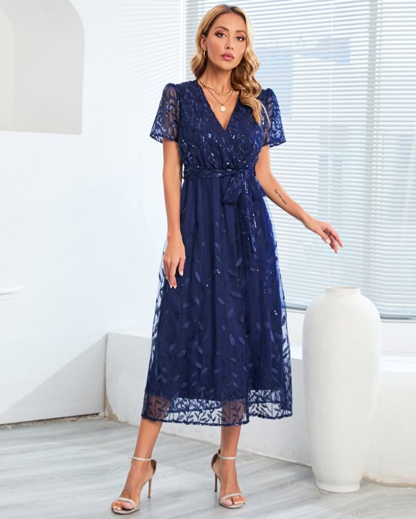 SummerBlueEmbroideredBrightDress-Front2.jpg Women Summer Embroidered Bright V Neck Short Sleeve Midi Party Dresses With Belt/1-1-1-1-1