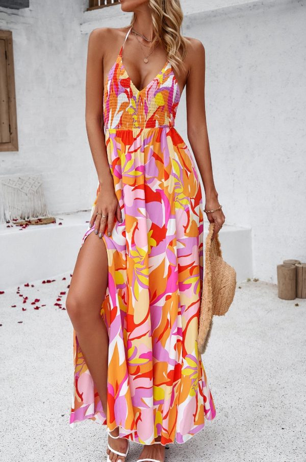 Women Summer Printed Backless Shirred Maxi Dresses/1-1-1-1