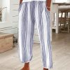 Women's Pants Trousers Faux Linen Blue Fashion Casual Daily Side Pockets Full Length Comfort Striped S M L XL XXL