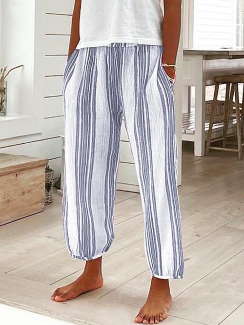 aietza1683787808069-1 Women's Pants Trousers Faux Linen Blue Fashion Casual Daily Side Pockets Full Length Comfort Striped S M L XL XXL