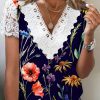 Women's Short Sleeve V Neck Lace Floral Printed Fashion Casual Top