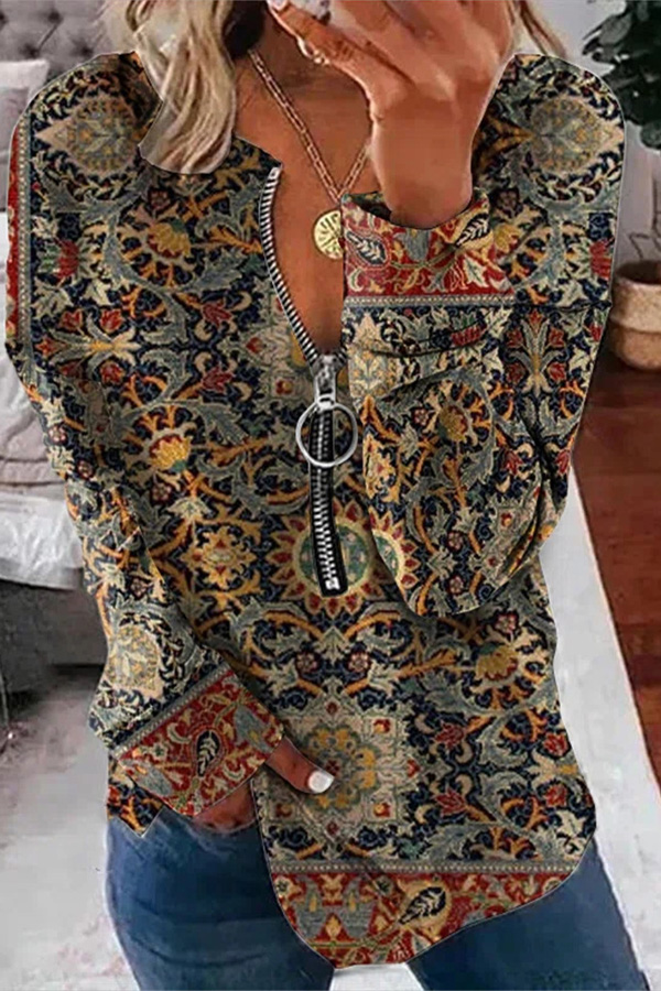 b5e2362ed54ce0360e0c5204b6bcc900-1 Vintage Graphic Print Zipper Design Top