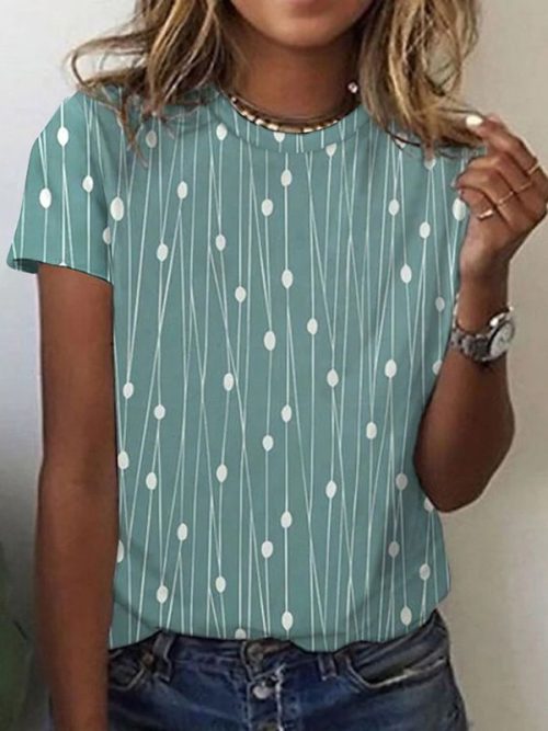 c4796e4bca3b5658e70c9d08577ac084-1 Women's Casual Holiday Weekend T-shirt Tee polka dots Short Sleeve Print Geometric Round Neck Basic Top