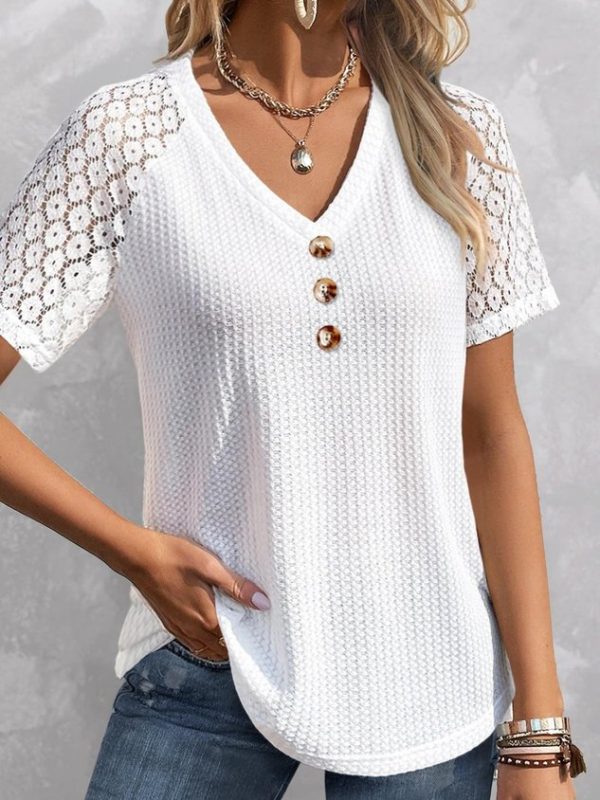 V Neck Buckle Polyester Cotton Casual Blouse