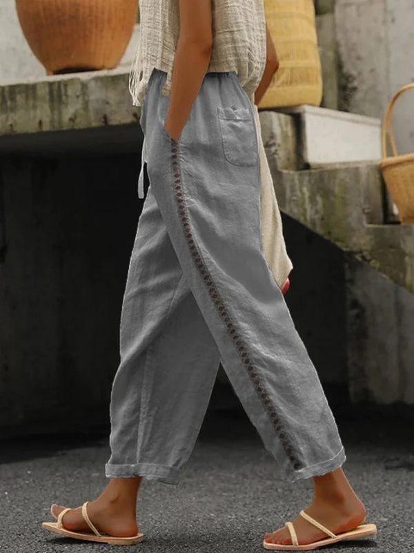 c95c362567522c11936c285ea04d0395-1 Loose Casual Hollow Out Lace Pockets Drawstring Waist Plain Linen Pants