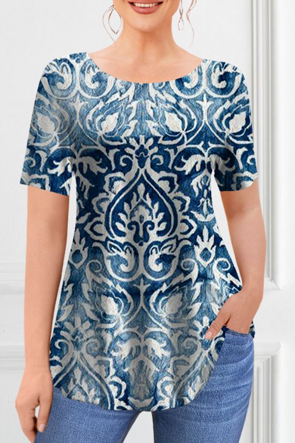 Plus Size Casual Navy Blue Ombre Denim Print Two Piece Pant Set