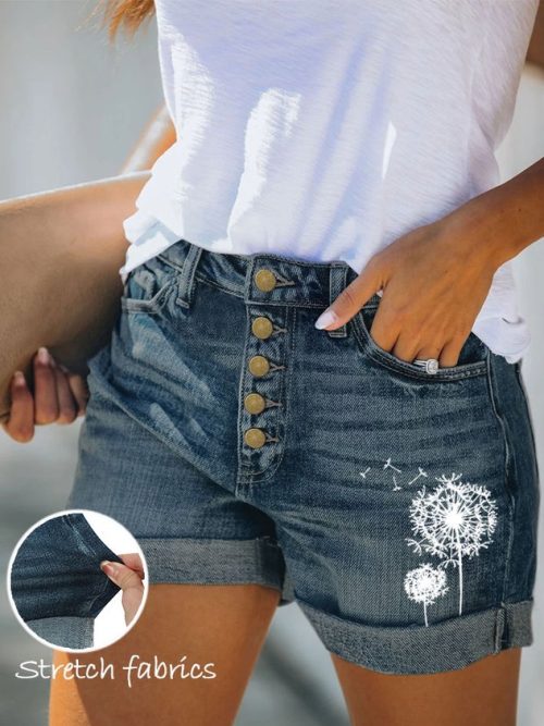 cc4f63f091d33f838ffc44a1567645fe-1 Women's Dandelion Pattern Stretch Jeans Stretchy Folded Hem Hot Short Jeans