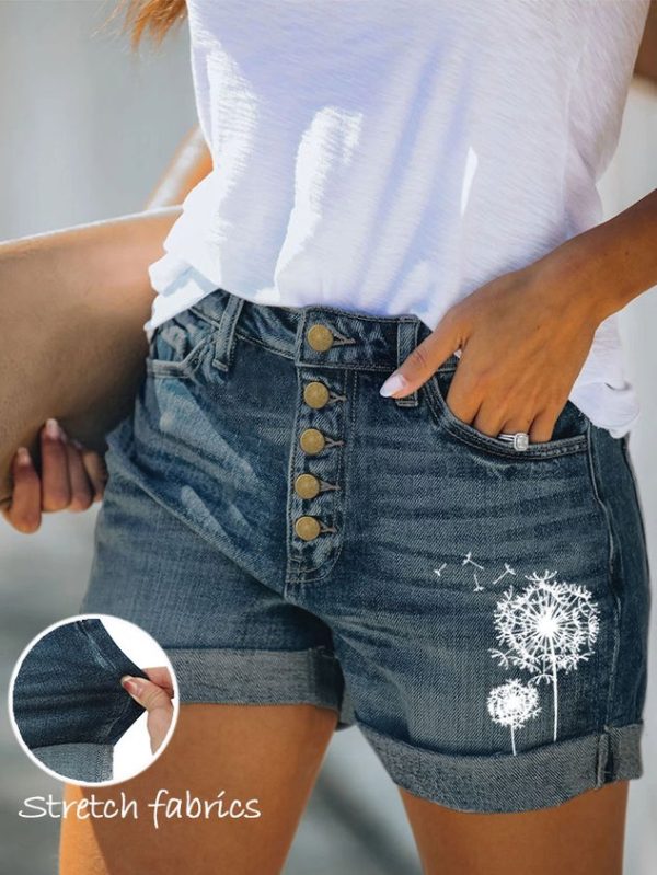 cc4f63f091d33f838ffc44a1567645fe-1 Women's Dandelion Pattern Stretch Jeans Stretchy Folded Hem Hot Short Jeans