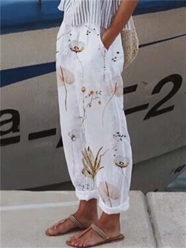 cwkrah1683787613169-1 Women's Wide Leg Pants Trousers Faux Linen White Light Green Pink Casual Holiday Weekend Side Pockets Full Length Comfort Floral S M L XL XXL